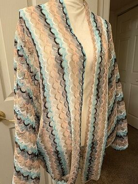 Coastal Grannie Crochet Lace Open-Front Swim Coverup in Beige & Aqua